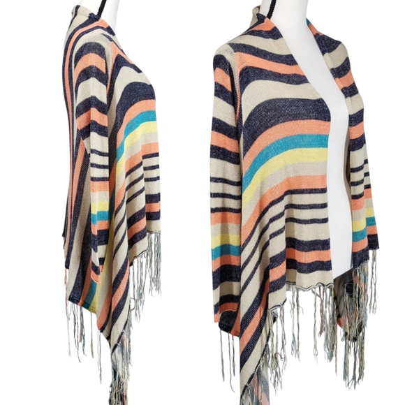 Reba Multicolor Striped Fringe Cardigan Sweater Boho Open Front Knit Small - Picture 2 of 12